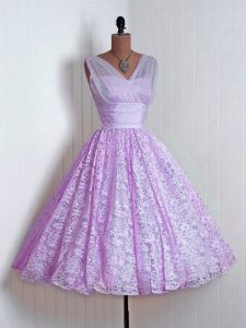 Lilac A-line V-neck Sleeveless Lace Mini Length Lace Up Lace Dama Dress