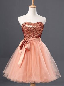 Peach A-line Sequins Evening Dress Zipper Tulle Sleeveless Mini Length