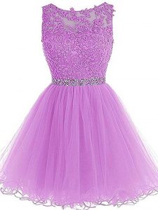 Lilac A-line Scoop Sleeveless Tulle Mini Length Lace Up Beading and Lace and Appliques Prom Party Dress