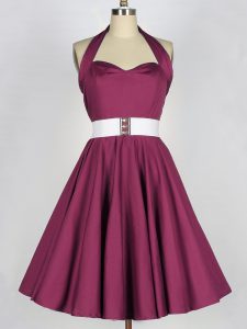 Taffeta Halter Top Sleeveless Lace Up Belt Dama Dress in Burgundy