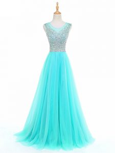 Aqua Blue A-line Beading Side Zipper Tulle Sleeveless Floor Length