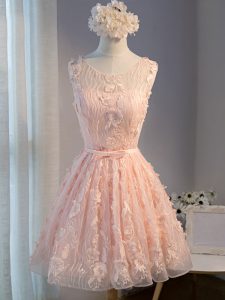 Mini Length Lace Up Prom Evening Gown Pink for Prom and Party and Beach with Appliques and Belt