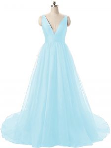 Custom Made Aqua Blue Organza Backless Evening Dress Sleeveless Brush Train Ruching