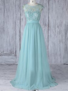 Backless Dama Dress for Quinceanera Aqua Blue for Prom and Party and Wedding Party with Lace Sweep Train