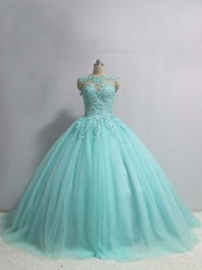 Free and Easy Scoop Sleeveless Lace Up 15 Quinceanera Dress Aqua Blue Tulle