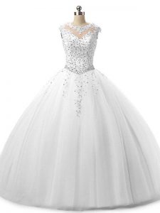 Scoop Sleeveless Sweet 16 Dresses Floor Length Beading and Lace White Tulle