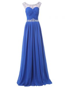 Latest Blue Sleeveless Chiffon Sweep Train Side Zipper Prom Dress for Prom and Party