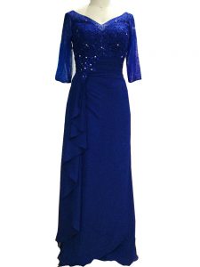 Pretty Royal Blue V-neck Zipper Beading Prom Party Dress Sleeveless