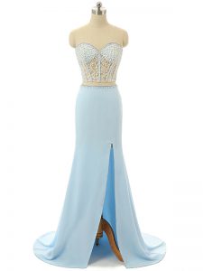 Exquisite Zipper Prom Dress Light Blue for Prom and Party and Military Ball with Beading Brush Train