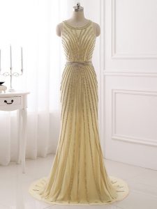 Flirting Champagne Scoop Neckline Beading and Belt Prom Gown Sleeveless Zipper