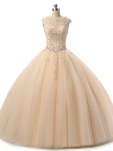 Vintage Sleeveless Tulle Floor Length Lace Up Quince Ball Gowns in Champagne with Beading and Lace