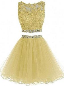 Best Selling Yellow Tulle Zipper Sweetheart Sleeveless Mini Length Evening Dress Beading and Lace and Appliques