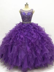 Sleeveless Floor Length Beading and Ruffles Lace Up Quinceanera Gowns with Purple