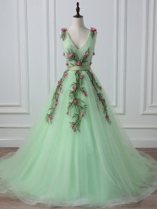 Affordable Apple Green Prom Evening Gown Prom and Military Ball with Belt and Hand Made Flower V-neck Sleeveless Court Train Lace Up