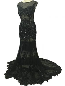 Discount Black Prom Party Dress Tulle Brush Train Sleeveless Beading and Lace and Appliques