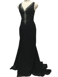 Artistic Black Column/Sheath V-neck Sleeveless Chiffon Brush Train Side Zipper Beading Prom Gown