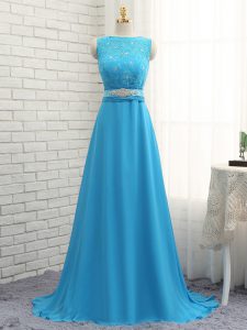 Best Asymmetric Sleeveless Brush Train Zipper Court Dresses for Sweet 16 Baby Blue Chiffon