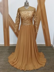 Customized Brown Prom and Sweet 16 with Lace High-neck Long Sleeves Brush Train Zipper