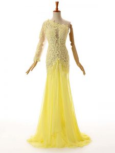 Floor Length Side Zipper Homecoming Dress Light Yellow for Prom and Military Ball with Lace and Appliques