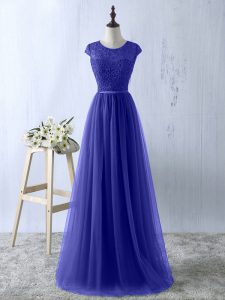 Beautiful Blue Short Sleeves Tulle Zipper Dress for Prom for Prom and Party and Military Ball