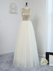Stylish Floor Length Backless Damas Dress Light Yellow for Prom and Party and Wedding Party with Sequins