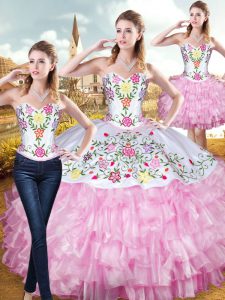 Rose Pink Sleeveless Organza and Taffeta Lace Up Sweet 16 Quinceanera Dress for Military Ball and Sweet 16 and Quinceanera