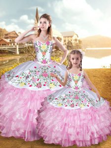 Perfect Rose Pink Sleeveless Floor Length Embroidery and Ruffled Layers Lace Up Quince Ball Gowns