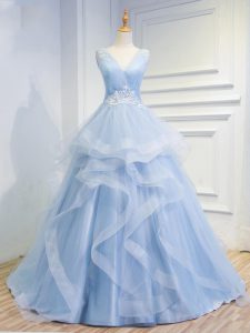 Light Blue Sleeveless Brush Train Beading and Ruffles Floor Length Prom Evening Gown