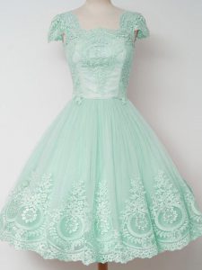 Sophisticated Apple Green Zipper Square Lace Court Dresses for Sweet 16 Tulle Cap Sleeves