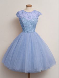 Knee Length Blue Quinceanera Dama Dress Tulle Cap Sleeves Lace