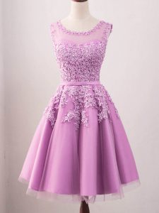 Amazing A-line Quinceanera Court of Honor Dress Lilac Scoop Tulle Sleeveless Knee Length Lace Up