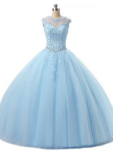 Light Blue Ball Gowns Tulle Scoop Sleeveless Beading and Lace Floor Length Lace Up Sweet 16 Quinceanera Dress