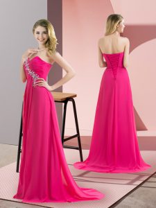 Fabulous Sweetheart Sleeveless Prom Party Dress Floor Length Beading Hot Pink Chiffon