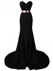 Shining Black Sleeveless Brush Train Belt Prom Evening Gown