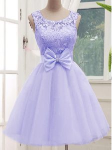 Excellent Lavender Sleeveless Knee Length Lace and Bowknot Lace Up Quinceanera Court Dresses