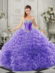 Lavender Quince Ball Gowns Military Ball and Sweet 16 and Quinceanera with Beading and Ruffles Sweetheart Sleeveless Court Train Lace Up