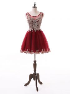 Customized Tulle Scoop Sleeveless Zipper Beading and Lace and Appliques Evening Dress in Wine Red