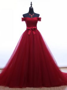 Pretty Burgundy A-line Off The Shoulder Sleeveless Tulle Brush Train Lace Up Ruching and Belt Evening Dress