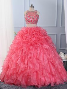 Hot Pink Lace Up Quinceanera Dresses Beading and Ruffles Sleeveless Floor Length