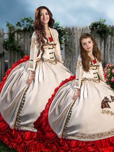 Glittering White And Red Quinceanera Dresses Sweetheart Long Sleeves Brush Train Lace Up