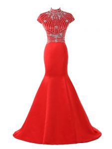 High Quality Coral Red Zipper Evening Dress Beading Short Sleeves Sweep Train
