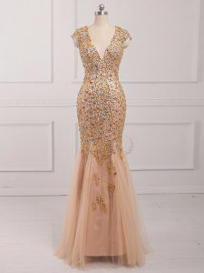 Customized Mermaid Prom Evening Gown Champagne V-neck Tulle Cap Sleeves Backless