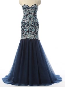 Colorful Sleeveless With Train Beading and Embroidery Zipper Evening Dress with Navy Blue