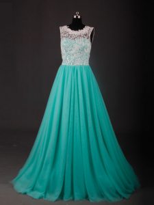 Turquoise A-line Scoop Sleeveless Chiffon Sweep Train Zipper Lace and Embroidery Prom Dress