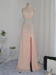 V-neck Sleeveless Chiffon Prom Dress Beading Backless