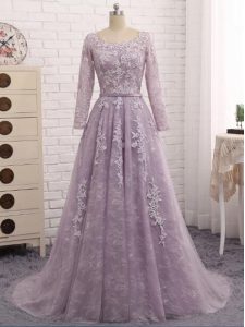 Modern Lavender Sleeveless Brush Train Beading and Appliques Prom Gown