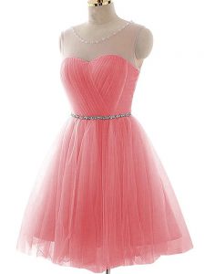 Mini Length Lace Up Prom Evening Gown Watermelon Red for Prom and Party and Beach with Ruching