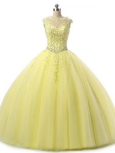 Yellow Tulle Lace Up Ball Gown Prom Dress Sleeveless Floor Length Beading and Lace