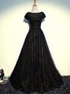 Comfortable Black Short Sleeves Floor Length Beading and Lace and Belt Zipper Prom Gown