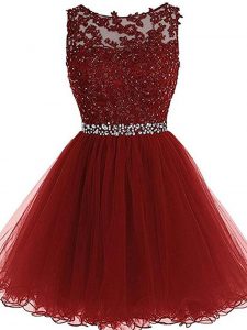 Unique Scoop Sleeveless Zipper Prom Evening Gown Burgundy Tulle
